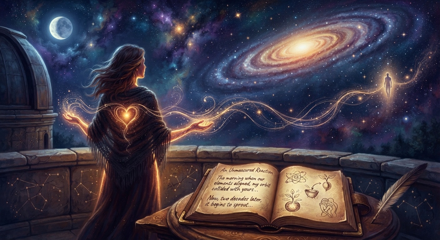 An oil painting style illustration of a woman standing on a stone balcony at night, looking up at a vast cosmic galaxy and a glowing silhouette across the distance. Glowing golden energy streams from her chest toward the cosmos, and an open journal resting on the stone wall displays handwritten poetry and subtle botanical sketches.