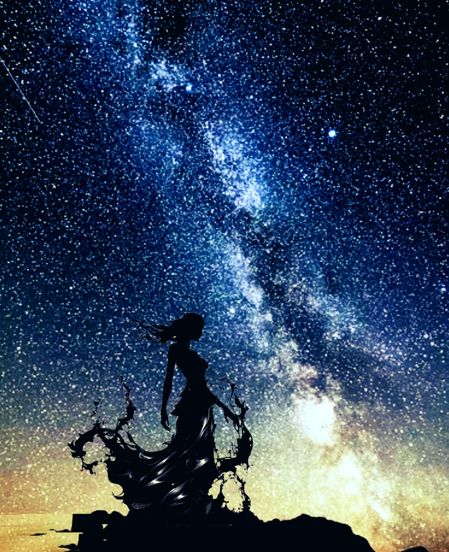 Silhouette of a woman  under starry sky