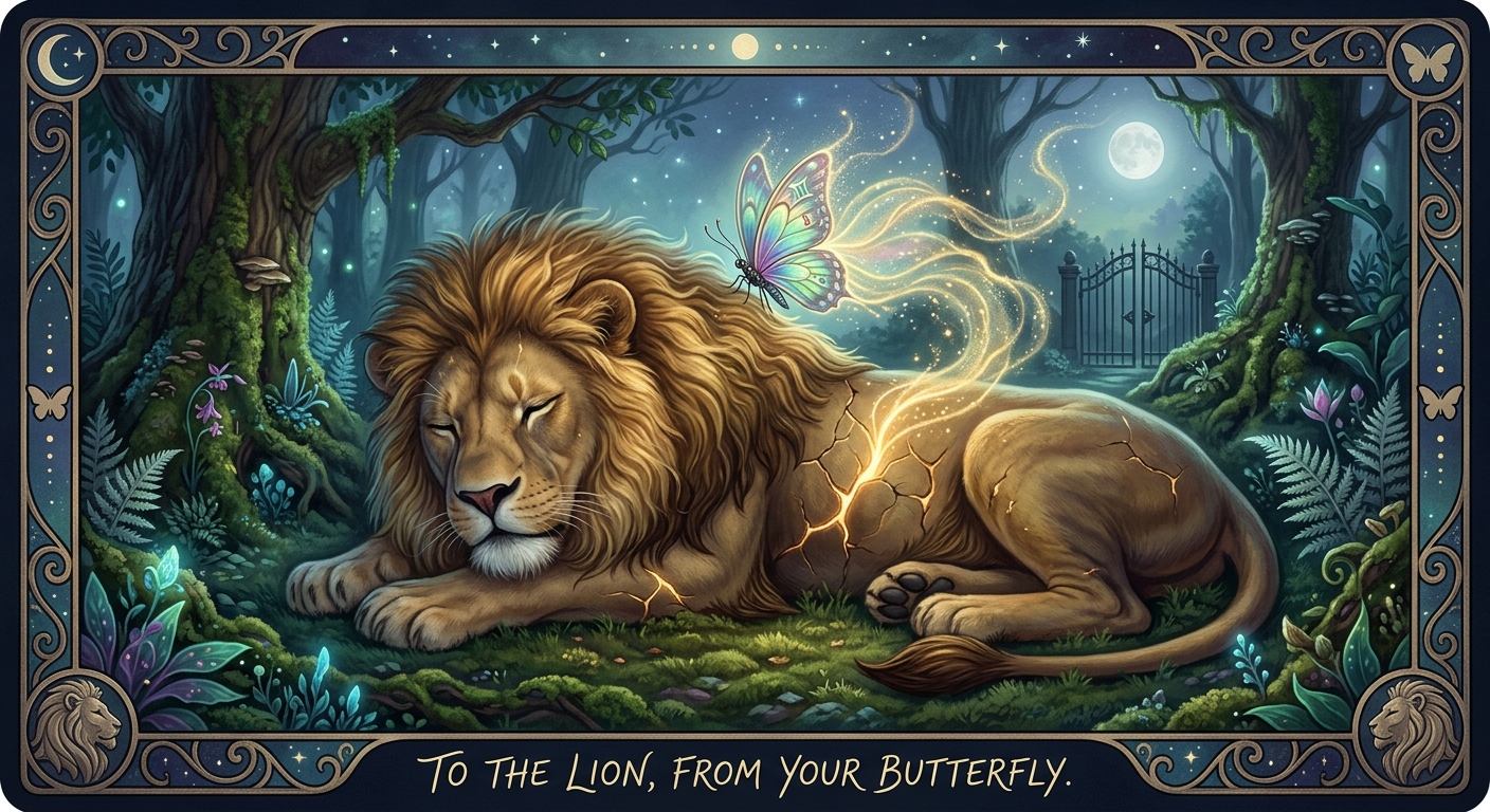 The Lion At Rest peacefully under the moonlit sky, showing his weary, quiet state A glowing, ethereal butterfly settles lightly near his golden mane, pouring soft light into the seams and fractures along his body..