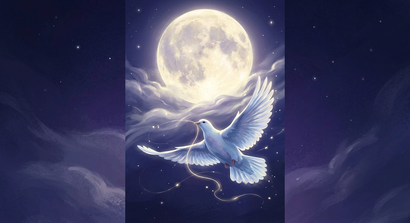 A white dove flying beneath a large moon,carrying a tiny white flower or a small glowing thread
