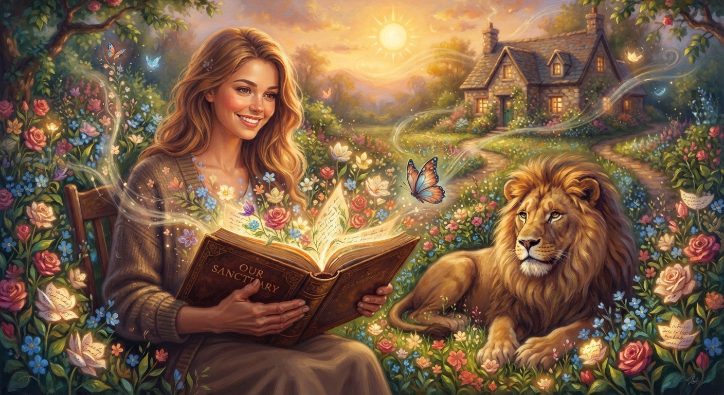 A girl reading a book in a garden and a lion is quietly sitting beside her