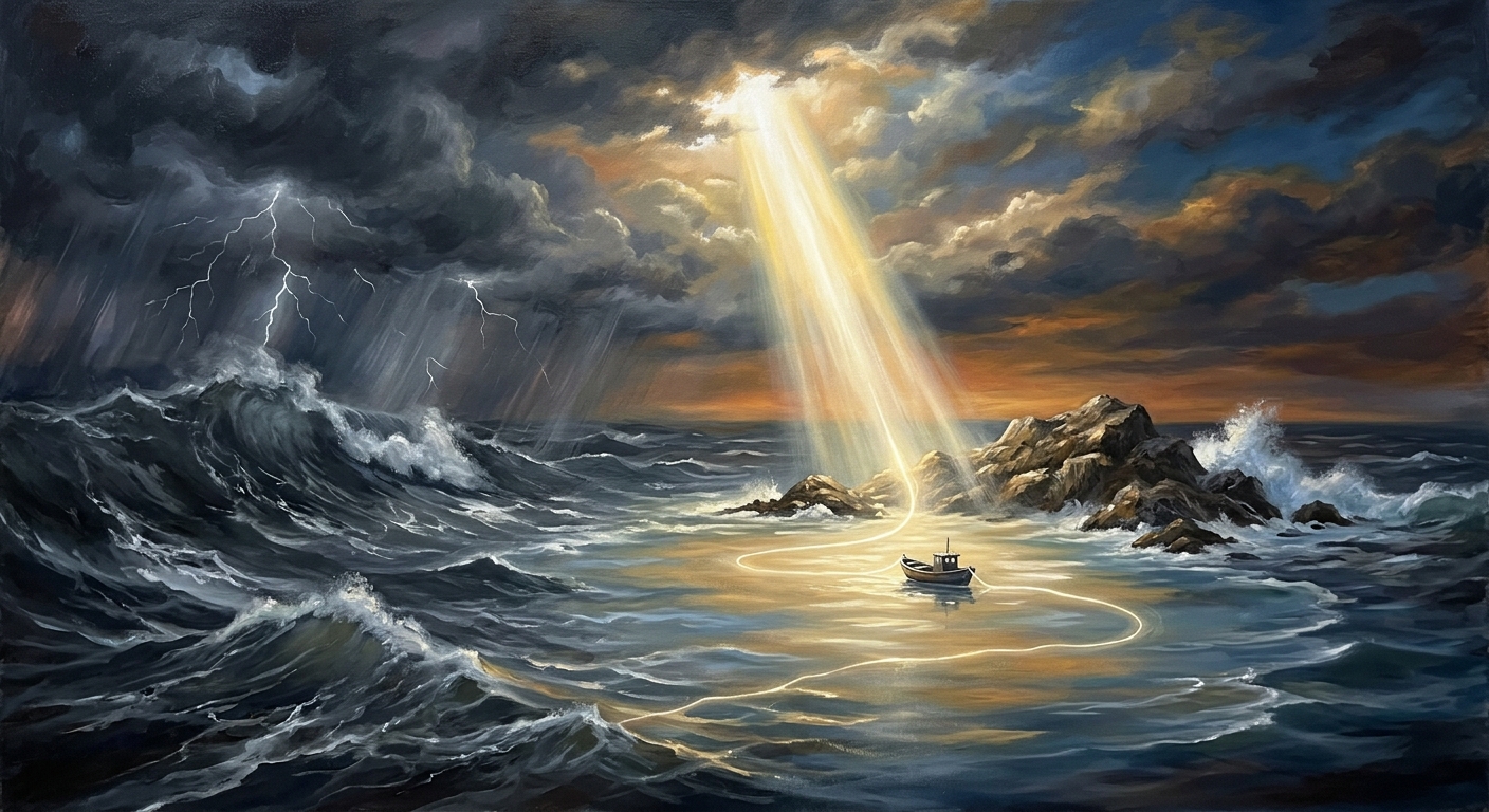 A dramatic oil painting captures a vast, tempestuous ocean breaking under dark, lightning-streaked storm clouds on the left, which sharply contrasts with a serene sanctuary of calm water on the right. A single, powerful beam of golden sunlight pierces through the gloom, focusing directly on a small wooden boat drifting peacefully near rugged coastal rocks. Emanating from this celestial light is a delicate, glowing thread of golden energy that gently weaves through the placid water around the vessel, anchoring it safely away from the surrounding chaos