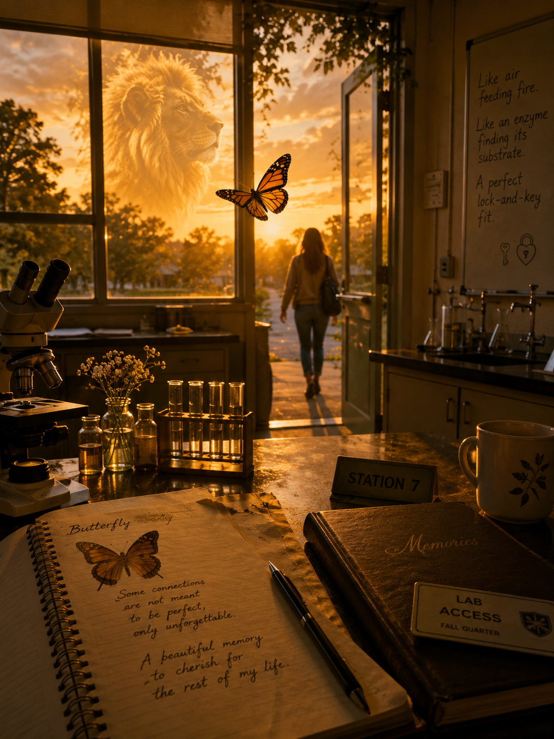 An empty room where sits a notebook labeled Butterfly. Sunlight pours through the windows, illuminating a single golden butterfly drifting toward the open door. Outside, a faint silhouette of a lion formed from sunlight watches from the distance—not threatening, but quietly protective. The room is empty, yet it feels full of memories, as though two hearts had just left moments before..