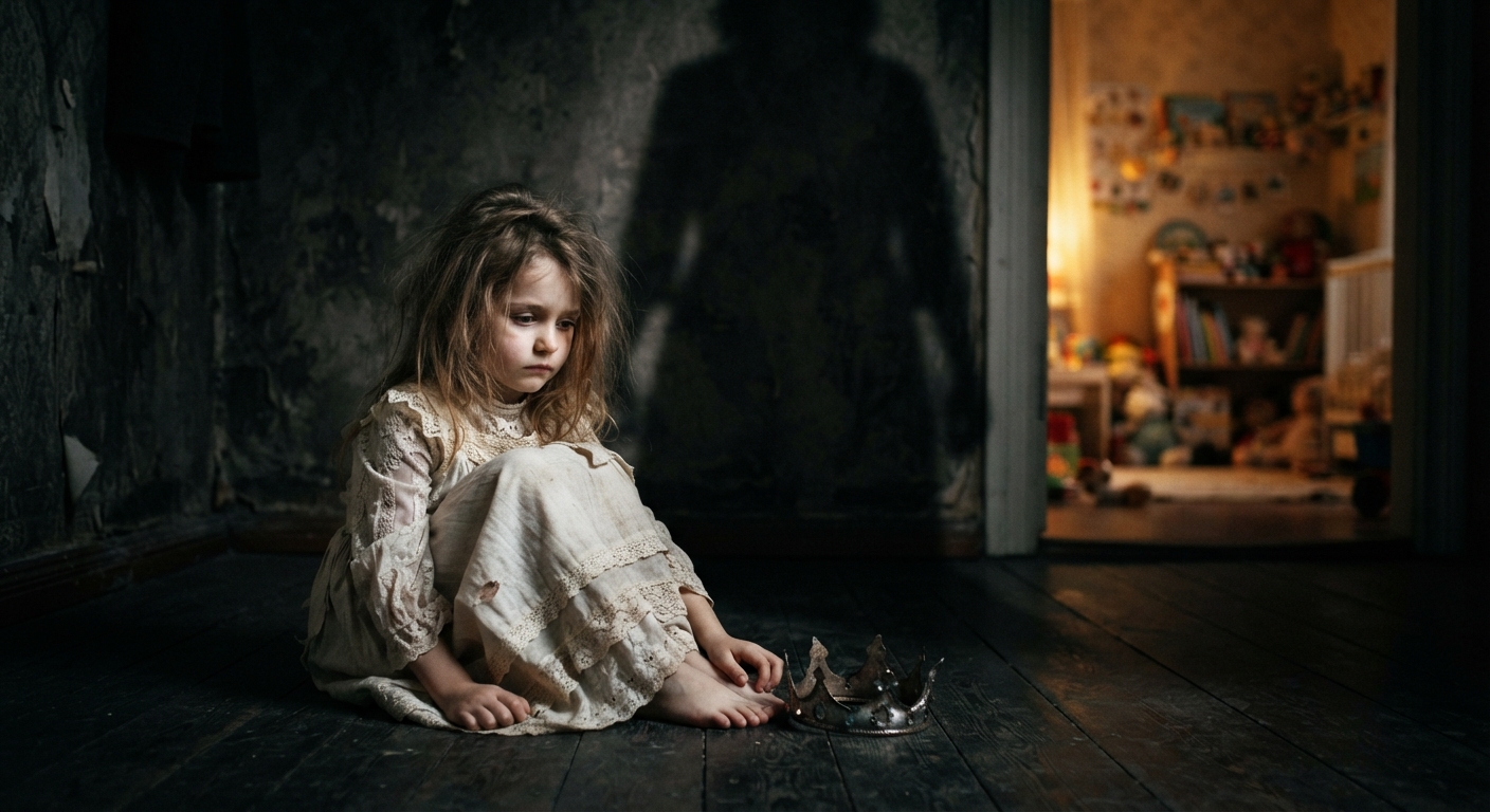 A little girl sits alone in a dark room, wearing a delicate old-fashioned dress. A small broken crown lies beside her. Behind her, the warm golden glow of a childhood room is disappearing, while a huge dark adult shadow stretches across the wall