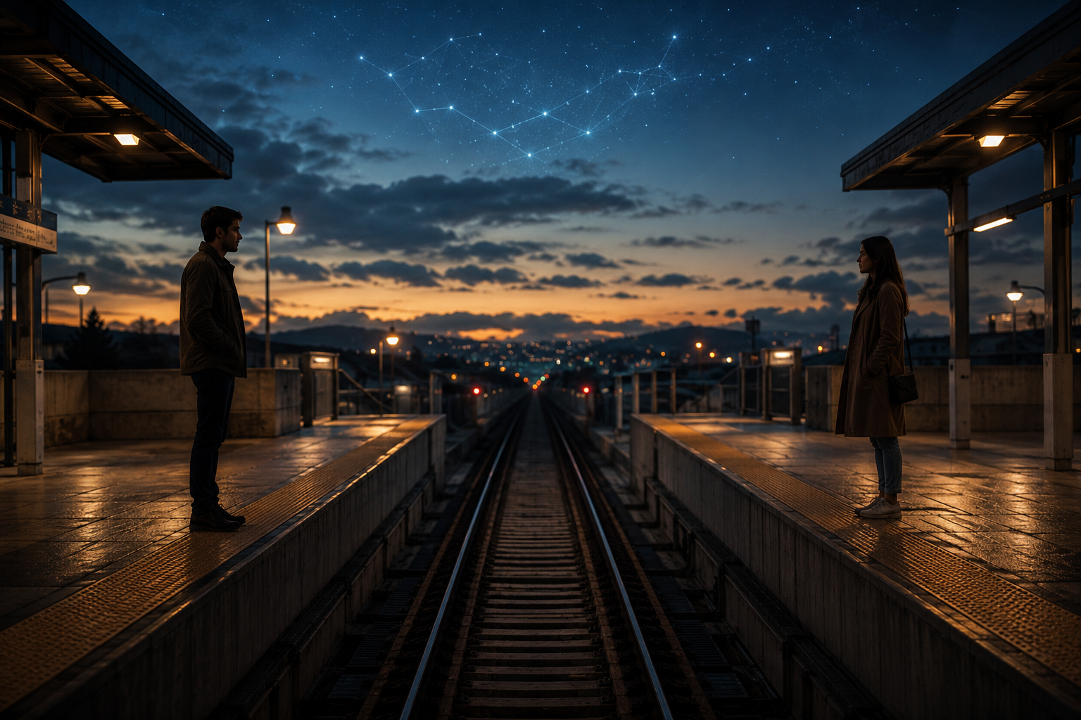 a man and woman standing across a railway