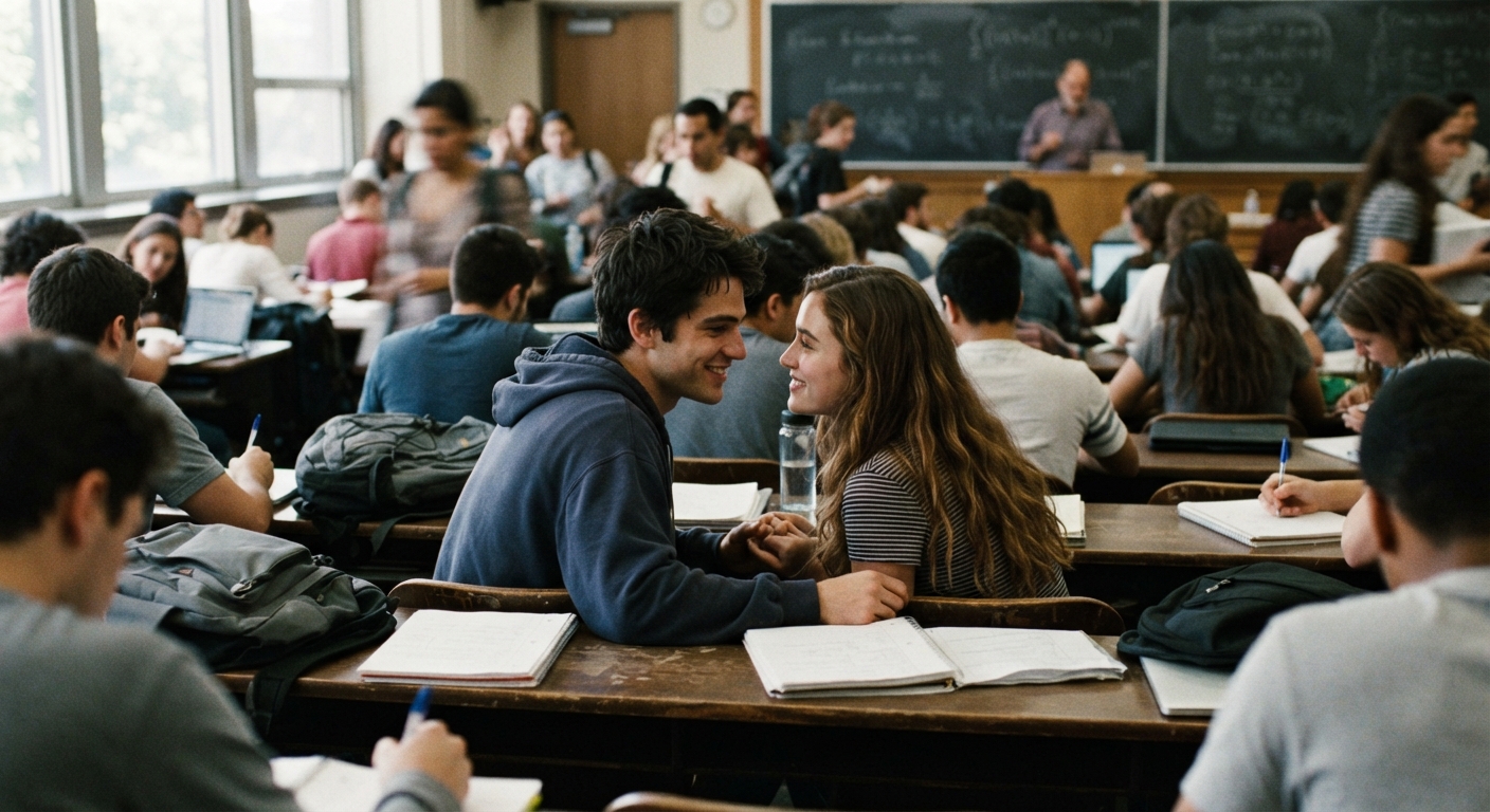 a boy and a girl looking each other in a crowded class