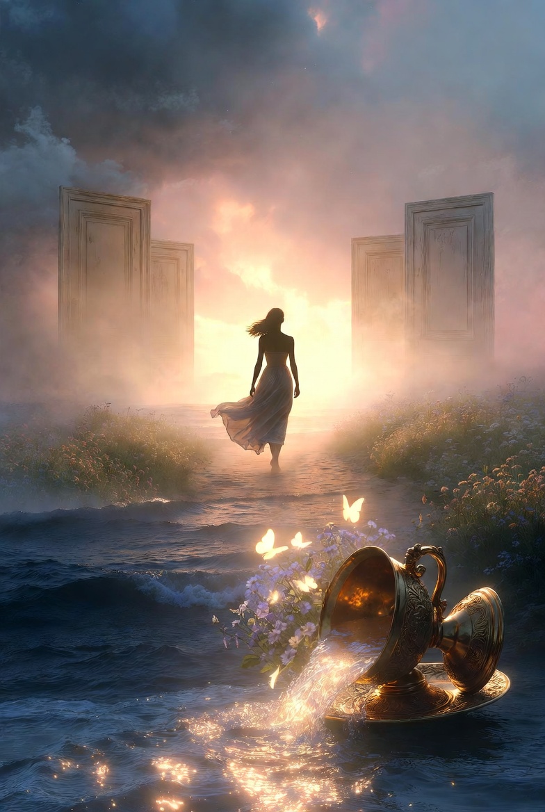 A Farewell to Nostalgia: Woman walking from stormy past toward hopeful sunrise, with overturned golden cup transforming into flowers and butterflies