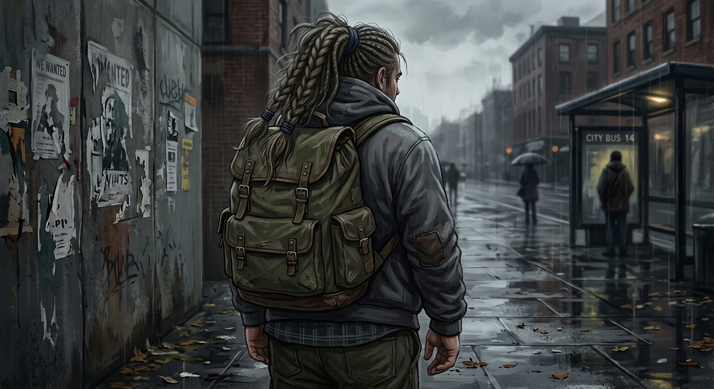 A sad man with plaited ponytail