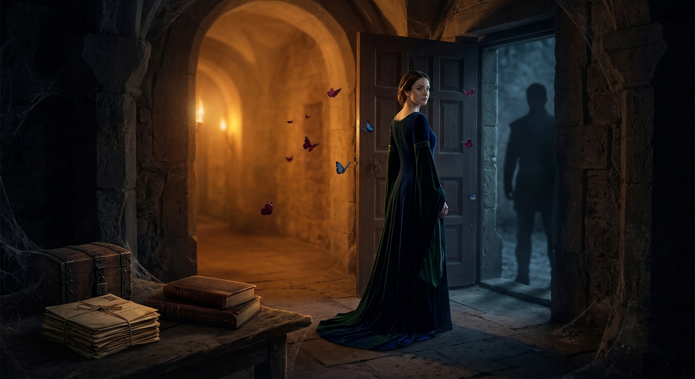 A woman in a long, flowing dark gown standing inside an ancient, shadowed chamber.Behind her is a half-open doorway, suggesting that someone is being invited to enter.A soft golden light comes from deeper within the chamber—not harsh daylight, but warm, almost sacred light.A few butterflies hover around her, representing the delicate identity she showed him.In the darkness beyond the doorway,only the silhouette of a man is visible