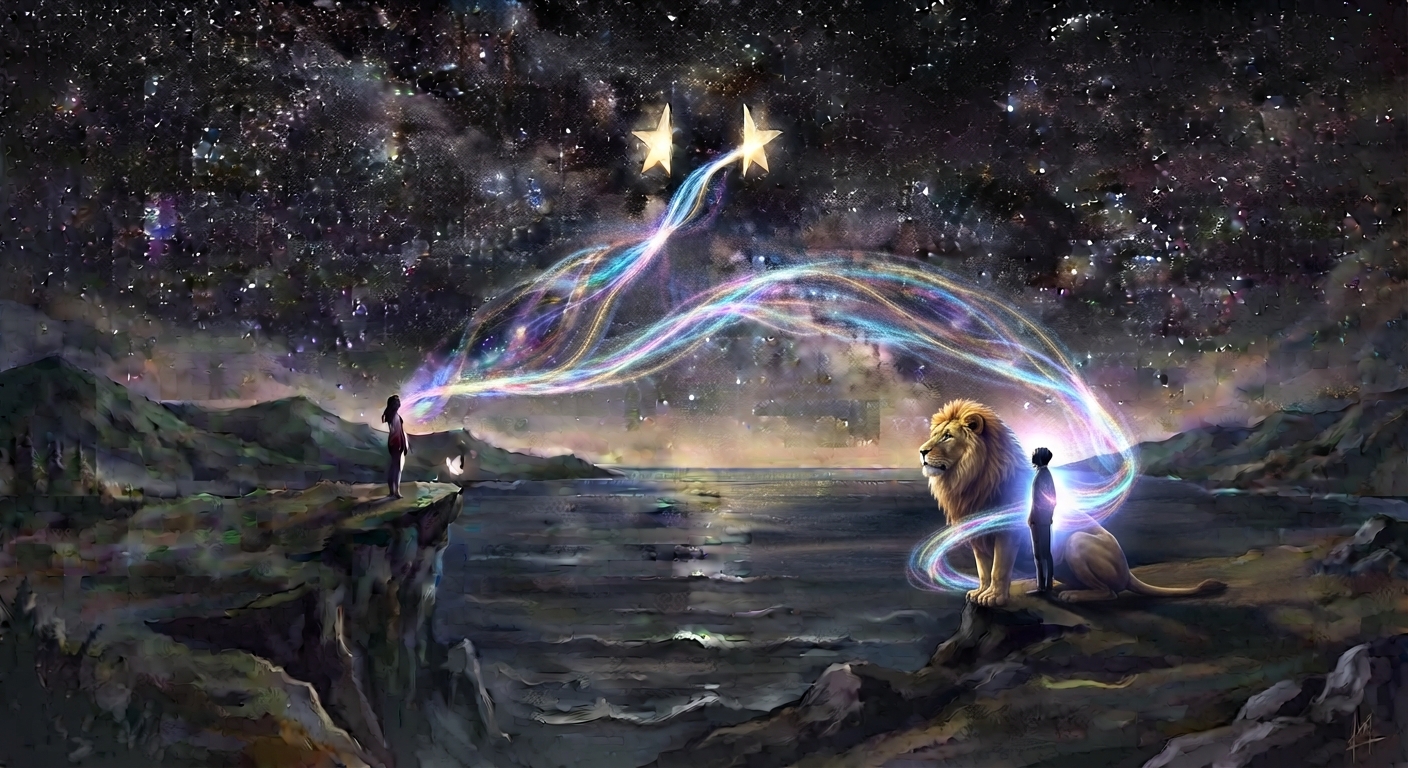 Two distant figures standing beneath an enormous night sky, separated by a vast landscape or ocean. Above them is one luminous star split subtly into two glowing halves. A delicate, almost invisible stream of light or energy connects the two halves.