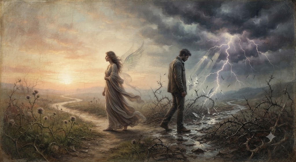 A painting of two souls parting ways; one walks into a sunrise, the other into a dark, stormy sky.