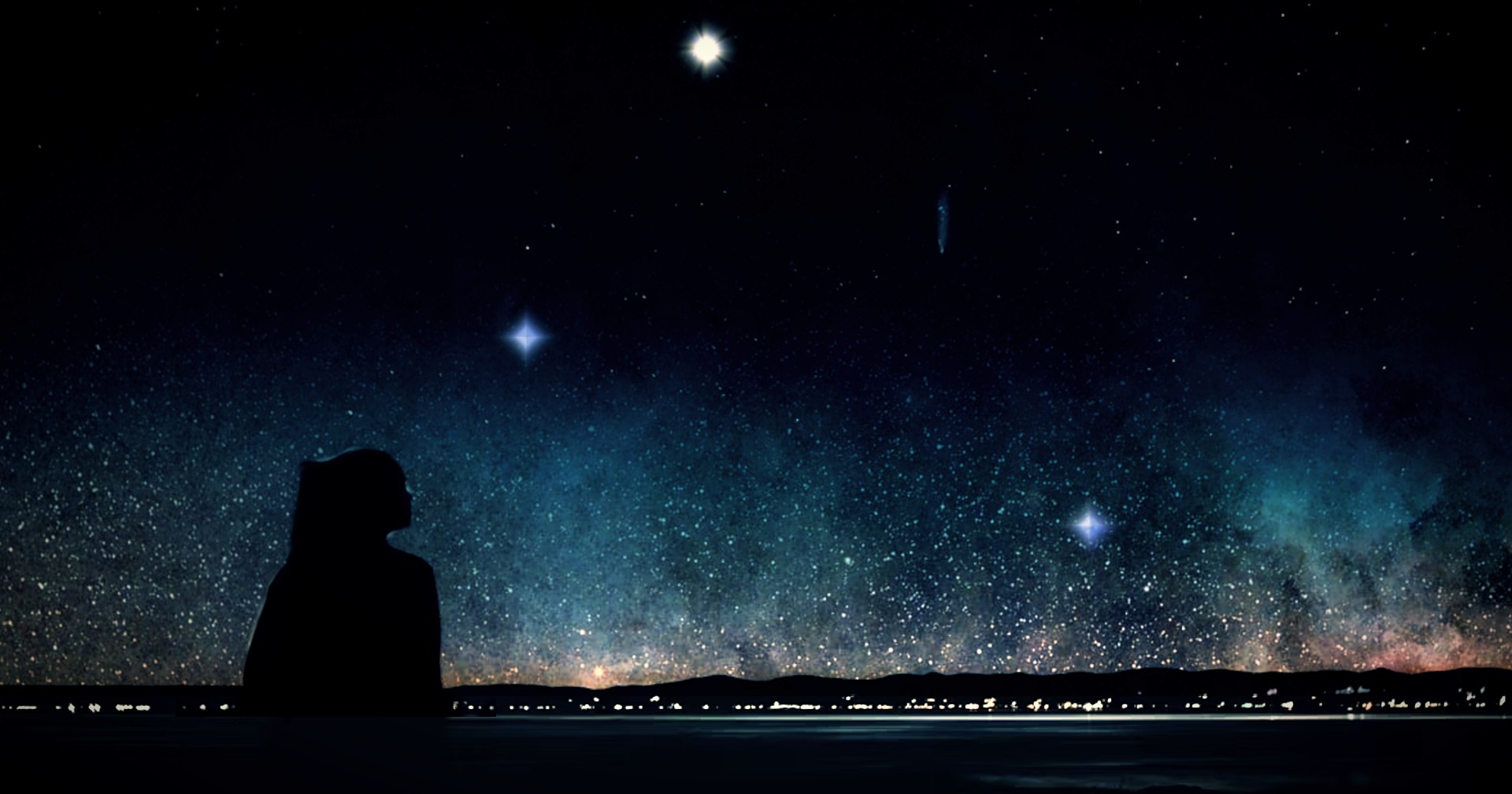 girl under night sky watching vega star in constellation Lyra the Harplation