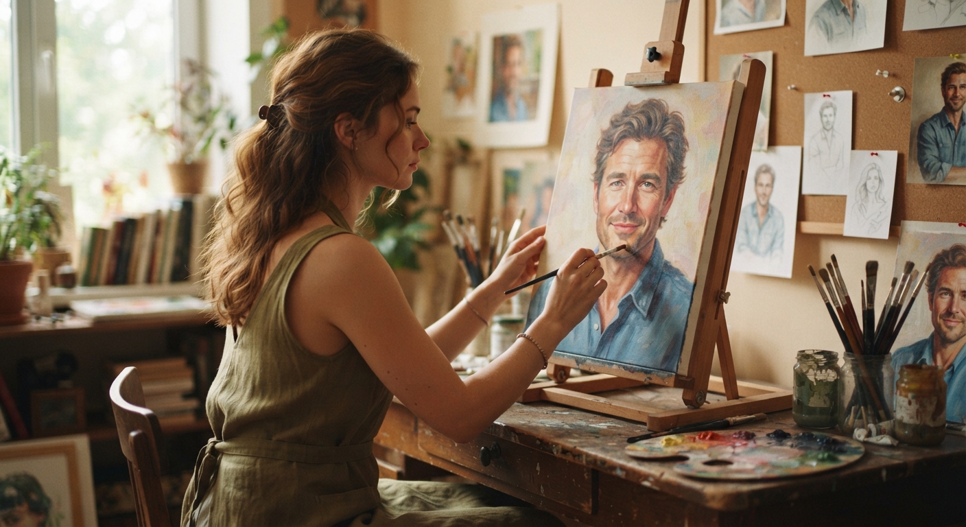 A woman creating is art of a man on canvas